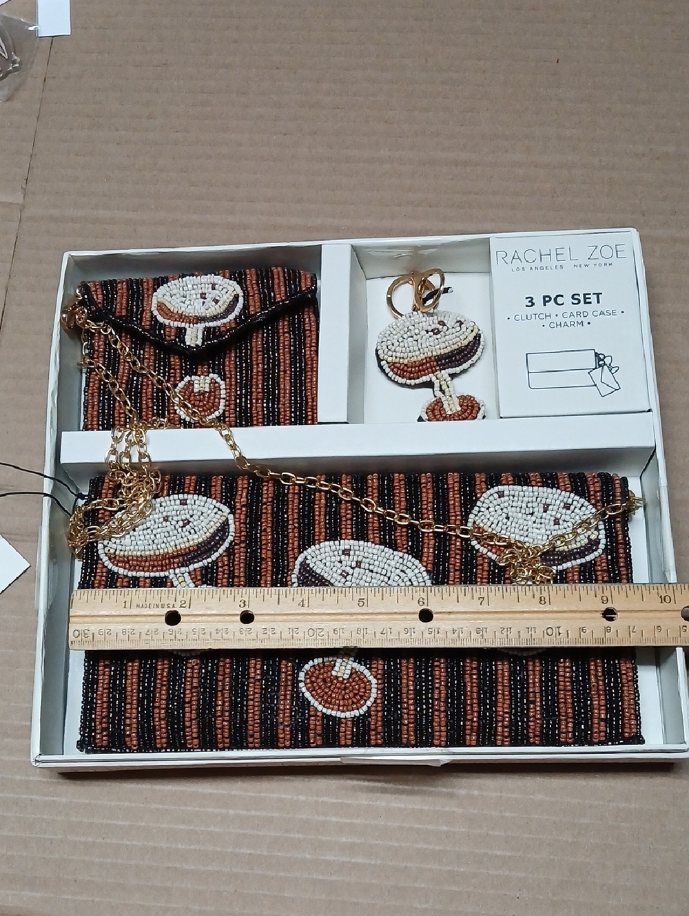 Rachel Zoe Beaded Espresso Martini Design 3 Piece Set - Clutch Card Case Charm - Picture 11 of 11